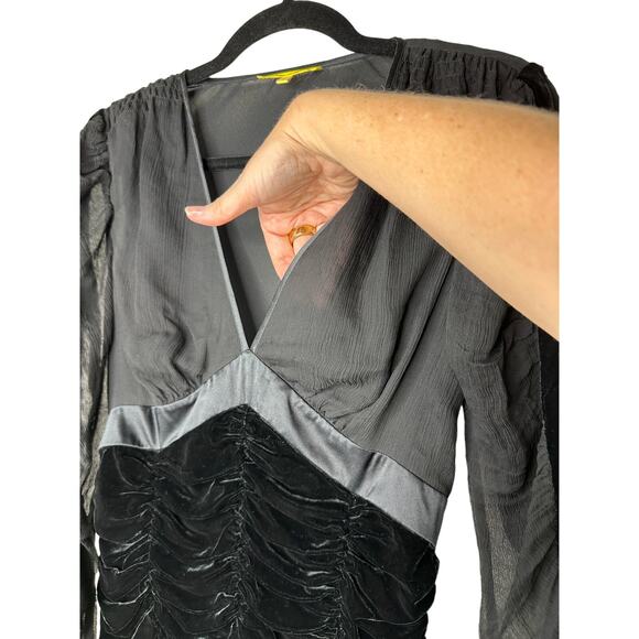 Catherine Malandrino Black Deep-V Gauze Satin Velvet Ruched 3/4 Sleeve Blouse S - Picture 4 of 12